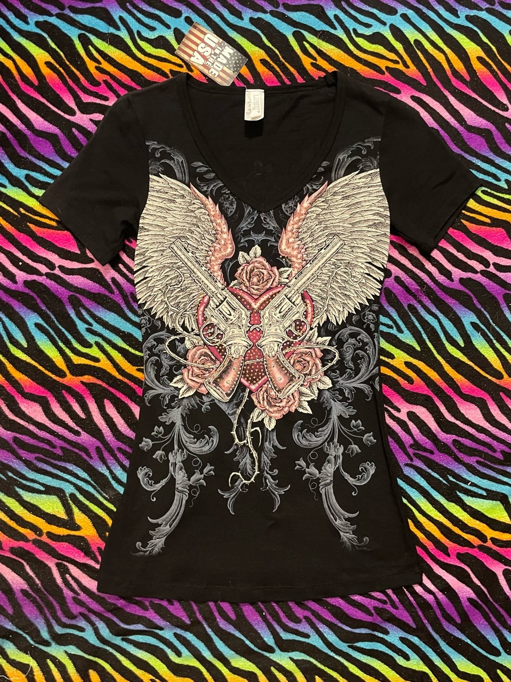 Y2K Vintage emo grunge Black & pink shirt with angel wings and roses